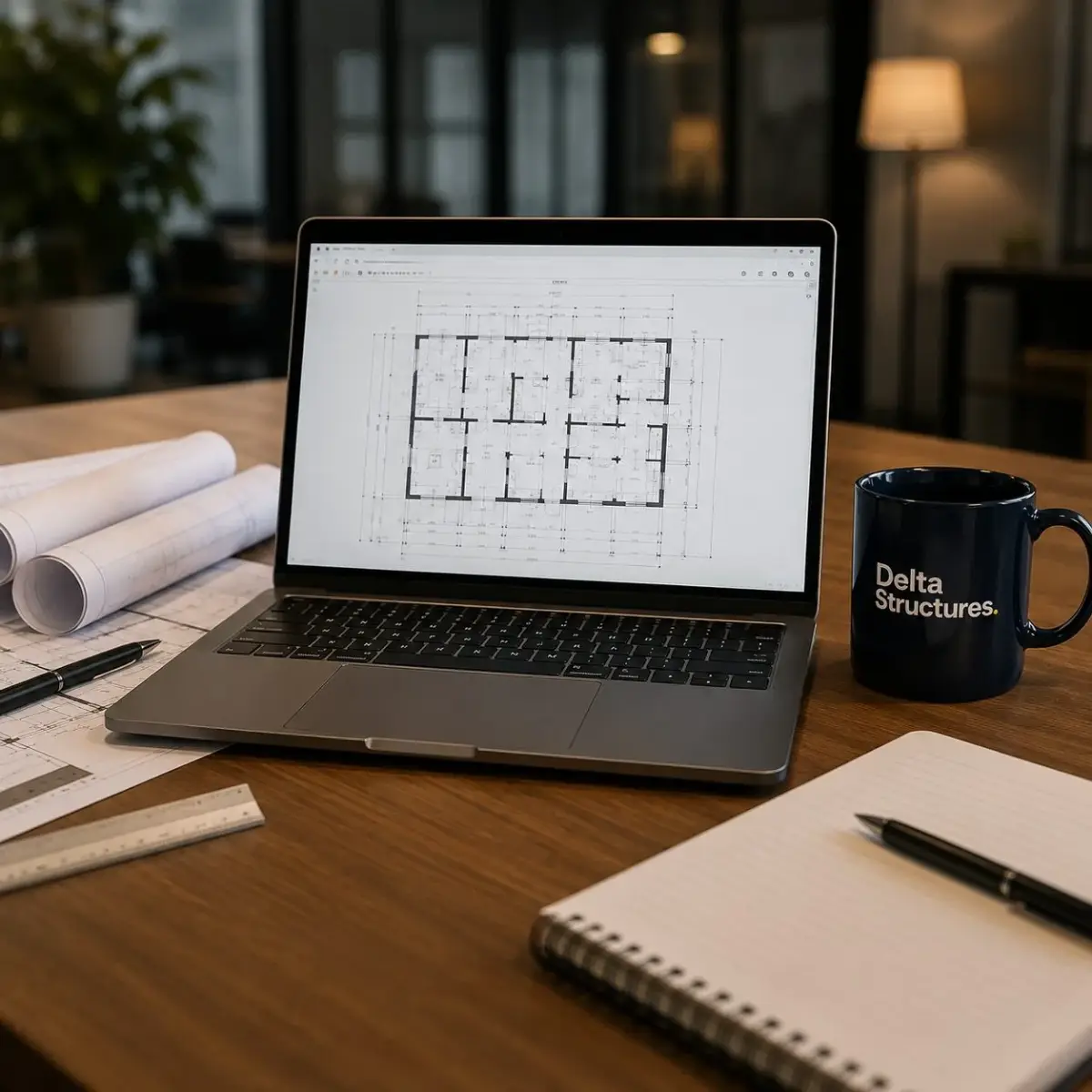 Stage 03 - QTO and BOQ: floor-plan quantities reviewed on a laptop