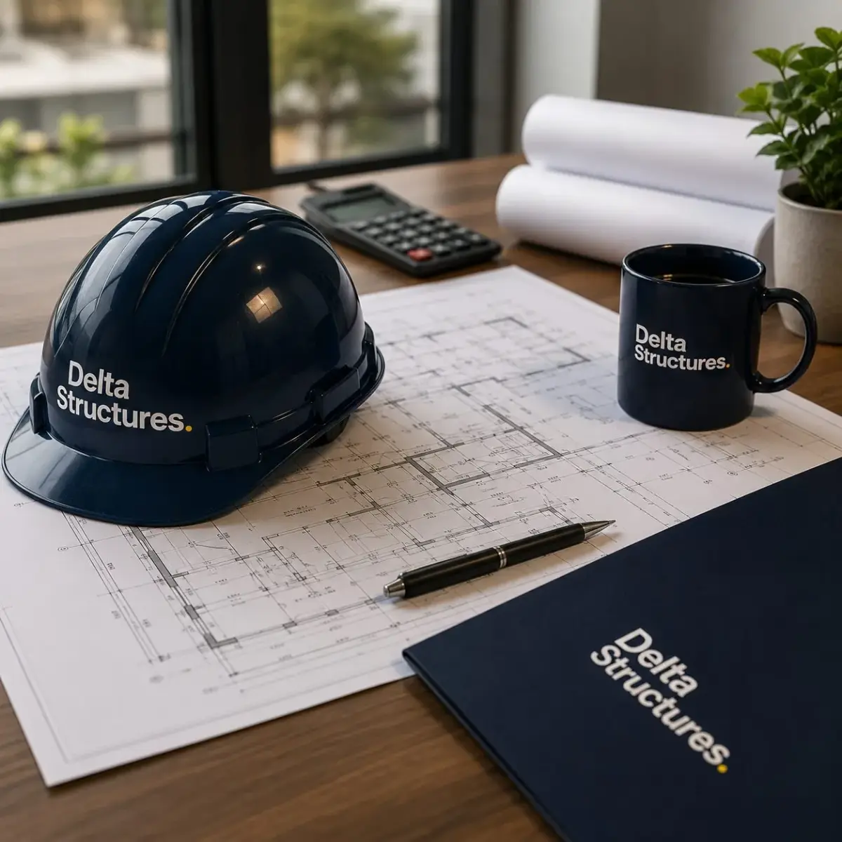 Stage 01 - Site consultation: hard hat, pen and drawings on the desk