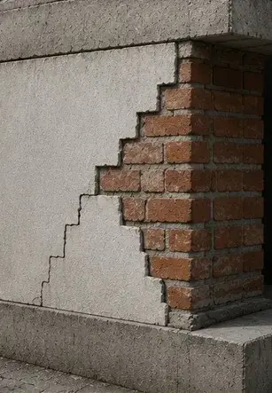 Stepped crack following brick joints