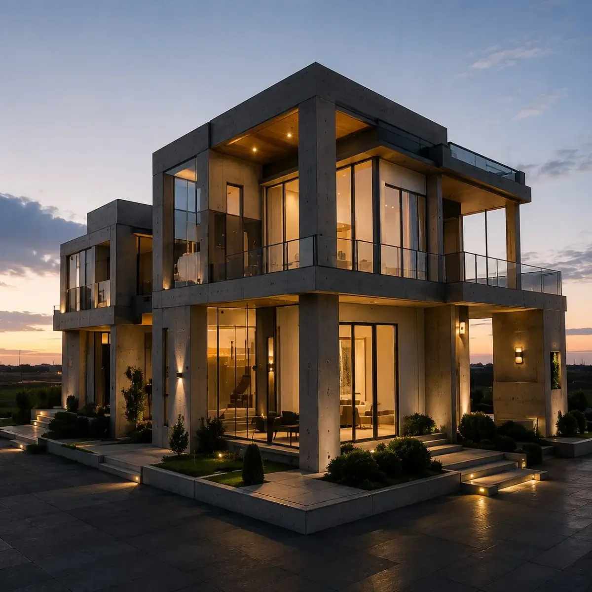 Stage 07 - Handover: the completed residence lit at dusk
